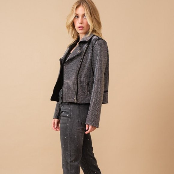 CRYSTAL STUDDED MOTO CROPPED jacket biker Harley rocker concert (2-COLORS) SML - Picture 8 of 14